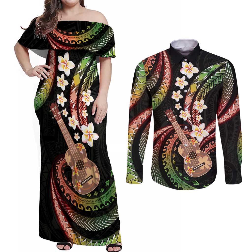 Hawaiian Ukulele Couples Matching Off Shoulder Maxi Dress and Long Sleeve Button Shirt Jawaiian Fantastic Plumeria LT01 Reggae - Polynesian Pride