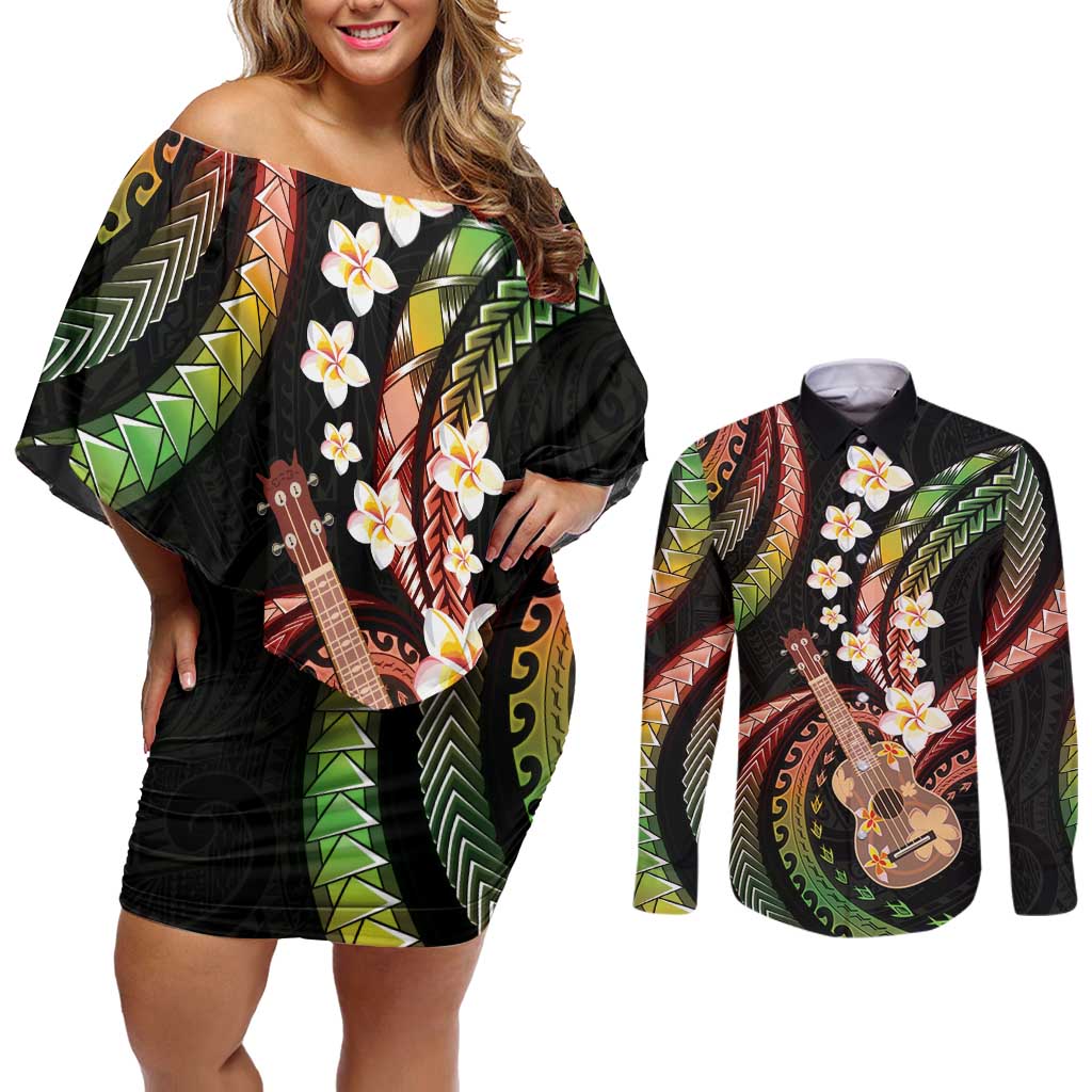 Hawaiian Ukulele Couples Matching Off Shoulder Short Dress and Long Sleeve Button Shirt Jawaiian Fantastic Plumeria LT01 Reggae - Polynesian Pride