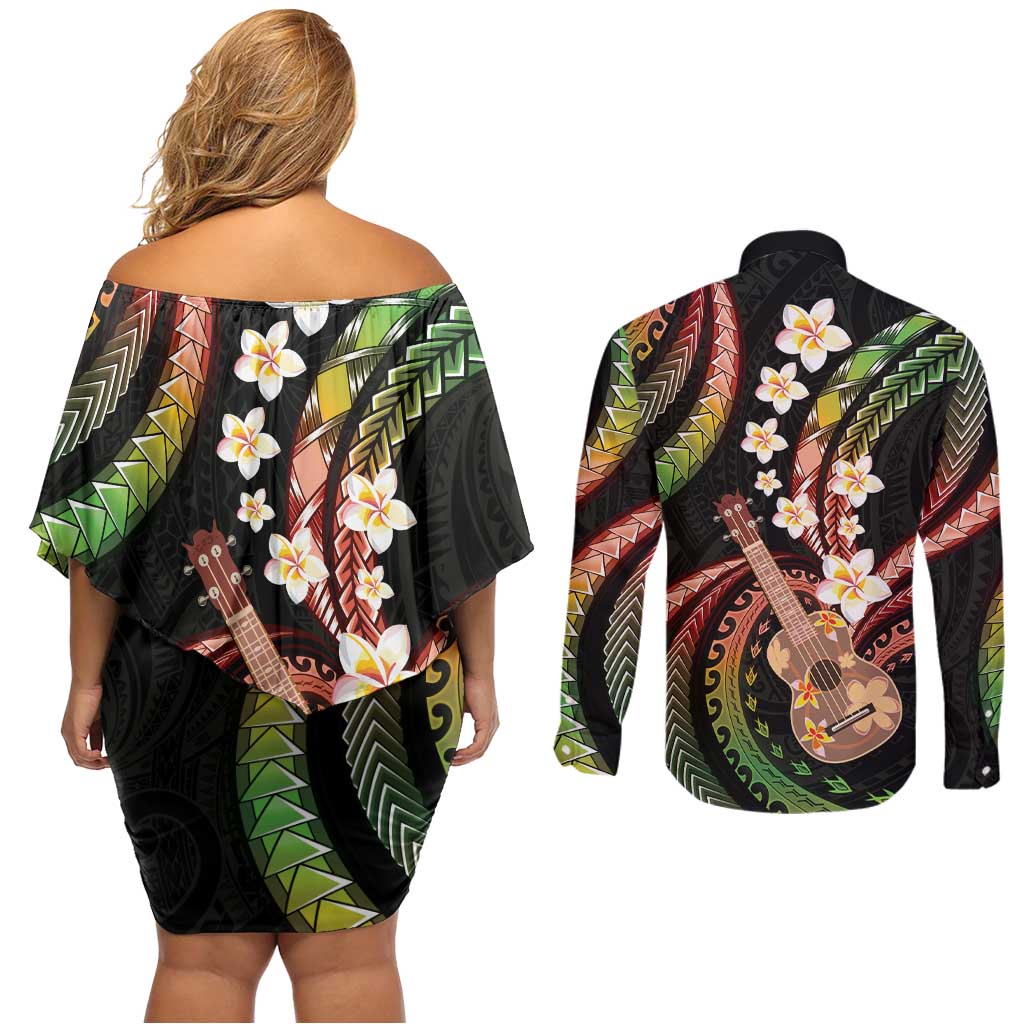 Hawaiian Ukulele Couples Matching Off Shoulder Short Dress and Long Sleeve Button Shirt Jawaiian Fantastic Plumeria LT01 - Polynesian Pride
