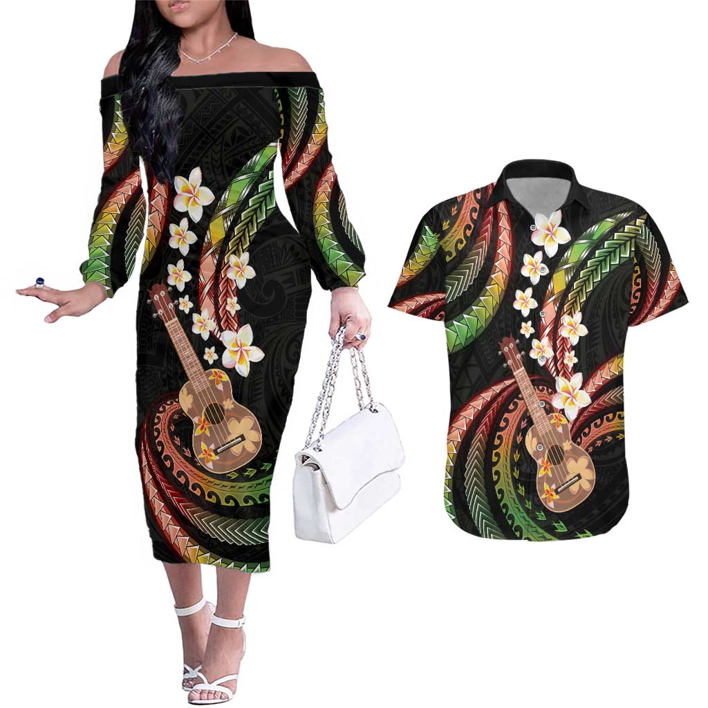 Hawaiian Ukulele Couples Matching Off The Shoulder Long Sleeve Dress and Hawaiian Shirt Jawaiian Fantastic Plumeria