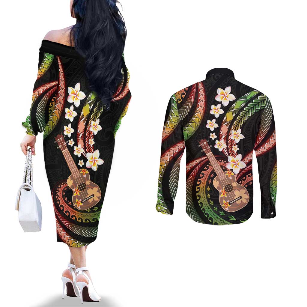 Hawaiian Ukulele Couples Matching Off The Shoulder Long Sleeve Dress and Long Sleeve Button Shirt Jawaiian Fantastic Plumeria