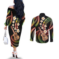 Hawaiian Ukulele Couples Matching Off The Shoulder Long Sleeve Dress and Long Sleeve Button Shirt Jawaiian Fantastic Plumeria