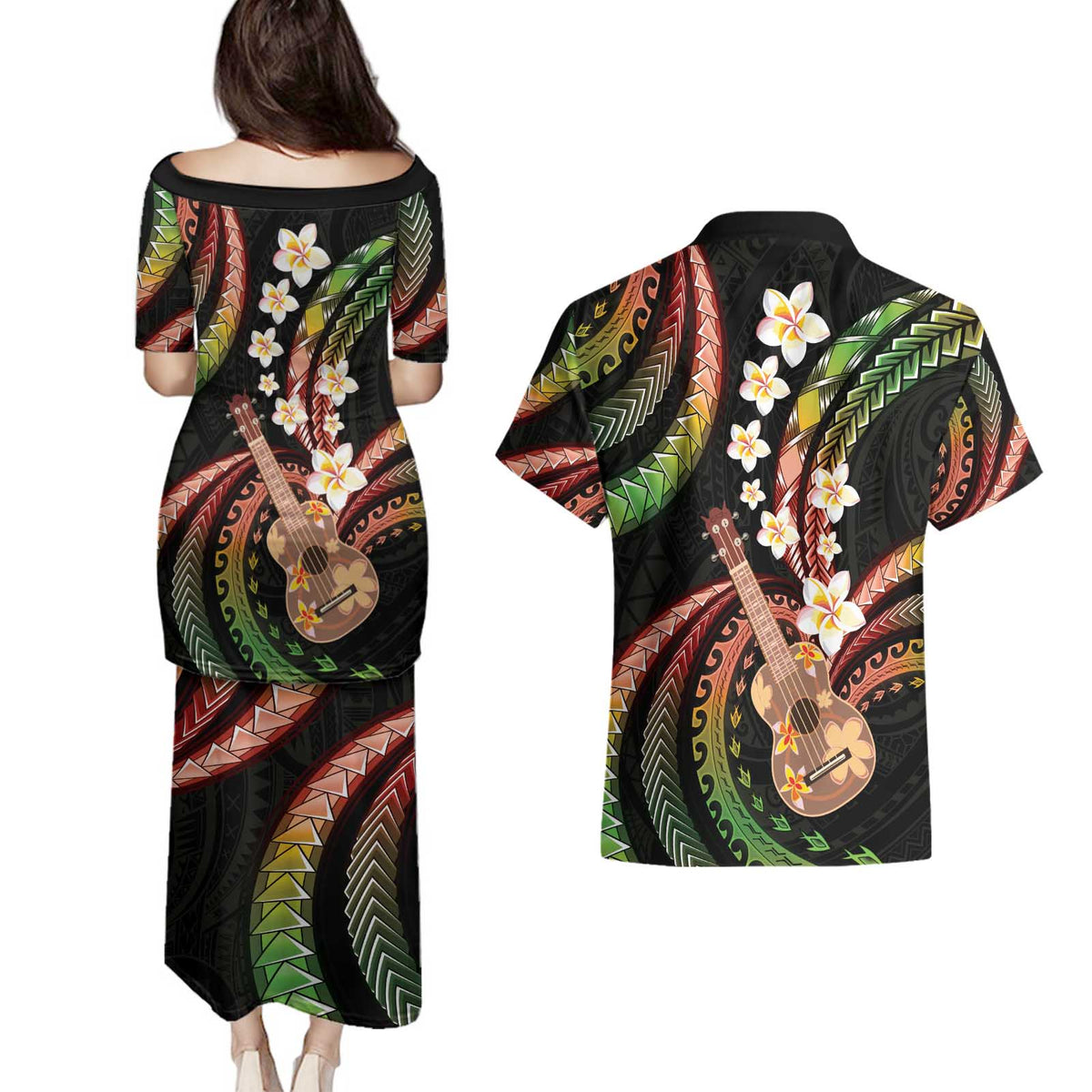 Hawaiian Ukulele Couples Matching Puletasi and Hawaiian Shirt Jawaiian Fantastic Plumeria LT01 - Polynesian Pride