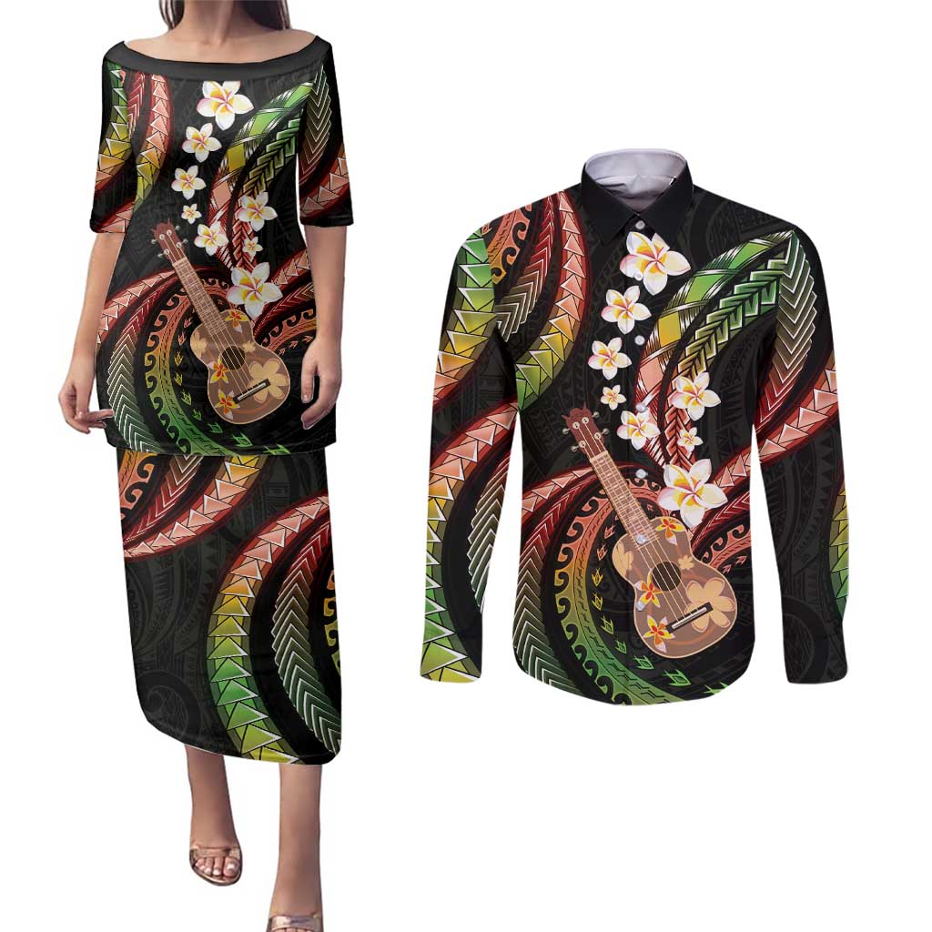 Hawaiian Ukulele Couples Matching Puletasi and Long Sleeve Button Shirt Jawaiian Fantastic Plumeria LT01 Reggae - Polynesian Pride
