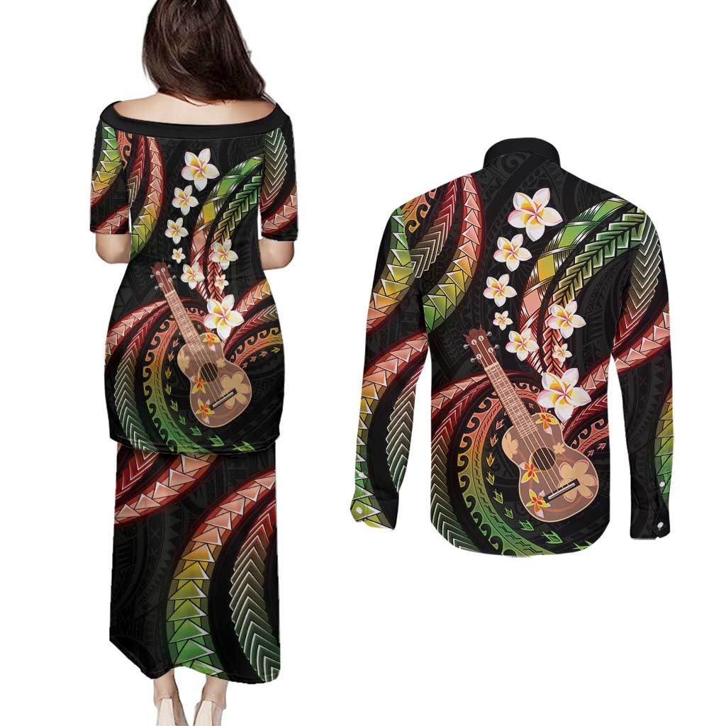 Hawaiian Ukulele Couples Matching Puletasi and Long Sleeve Button Shirt Jawaiian Fantastic Plumeria LT01 - Polynesian Pride
