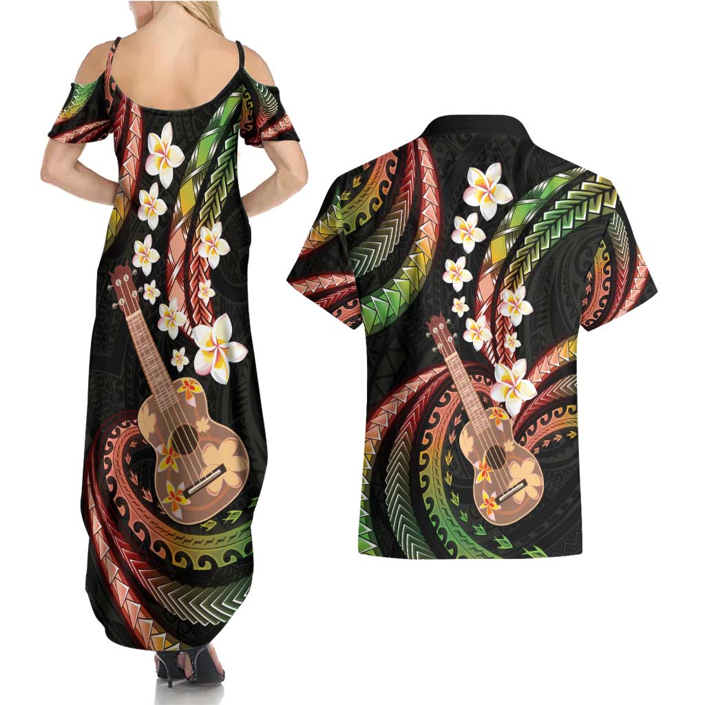Hawaiian Ukulele Couples Matching Summer Maxi Dress and Hawaiian Shirt Jawaiian Fantastic Plumeria