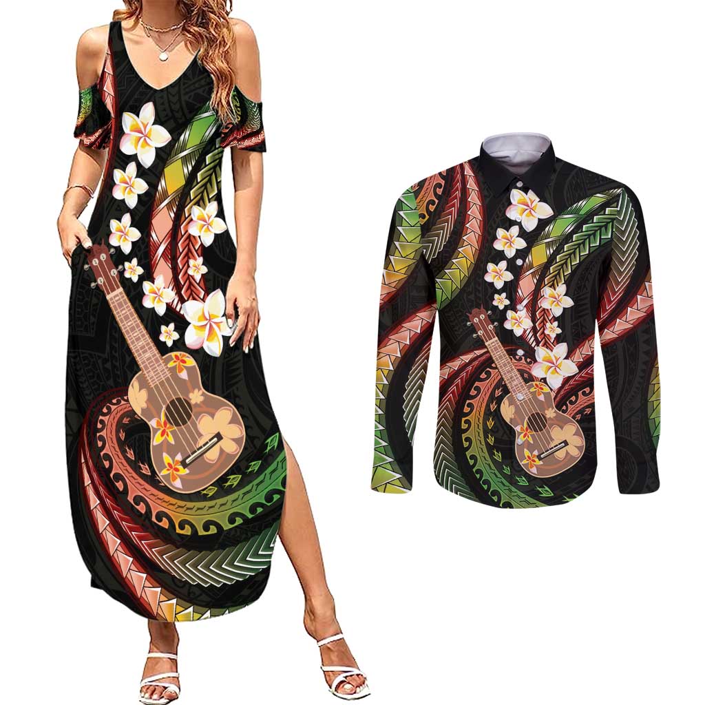 Hawaiian Ukulele Couples Matching Summer Maxi Dress and Long Sleeve Button Shirt Jawaiian Fantastic Plumeria LT01 Reggae - Polynesian Pride