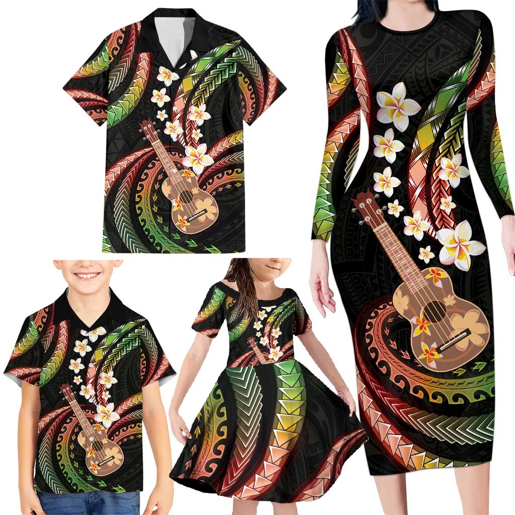 Hawaiian Ukulele Family Matching Long Sleeve Bodycon Dress and Hawaiian Shirt Jawaiian Fantastic Plumeria LT01 - Polynesian Pride