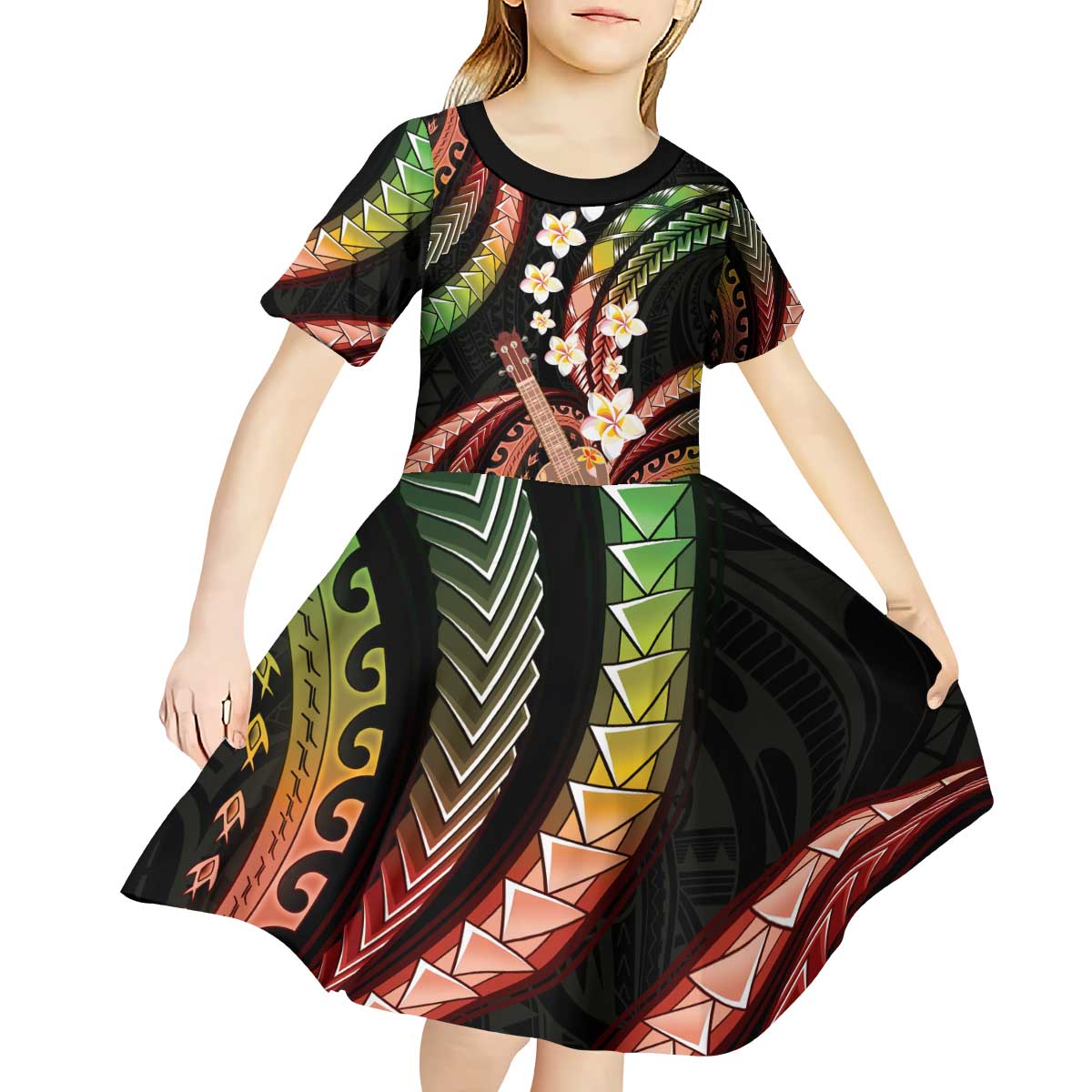 Hawaiian Ukulele Kid Short Sleeve Dress Jawaiian Fantastic Plumeria LT01 - Polynesian Pride