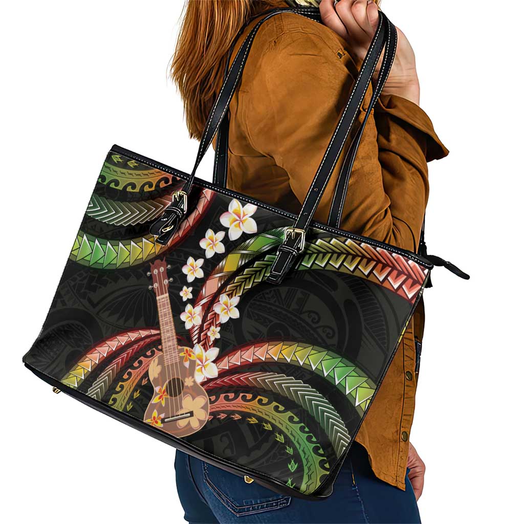 Hawaiian Ukulele Leather Tote Bag Jawaiian Fantastic Plumeria