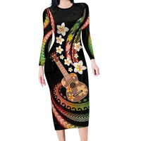 Hawaiian Ukulele Long Sleeve Bodycon Dress Jawaiian Fantastic Plumeria LT01 Long Dress Reggae - Polynesian Pride
