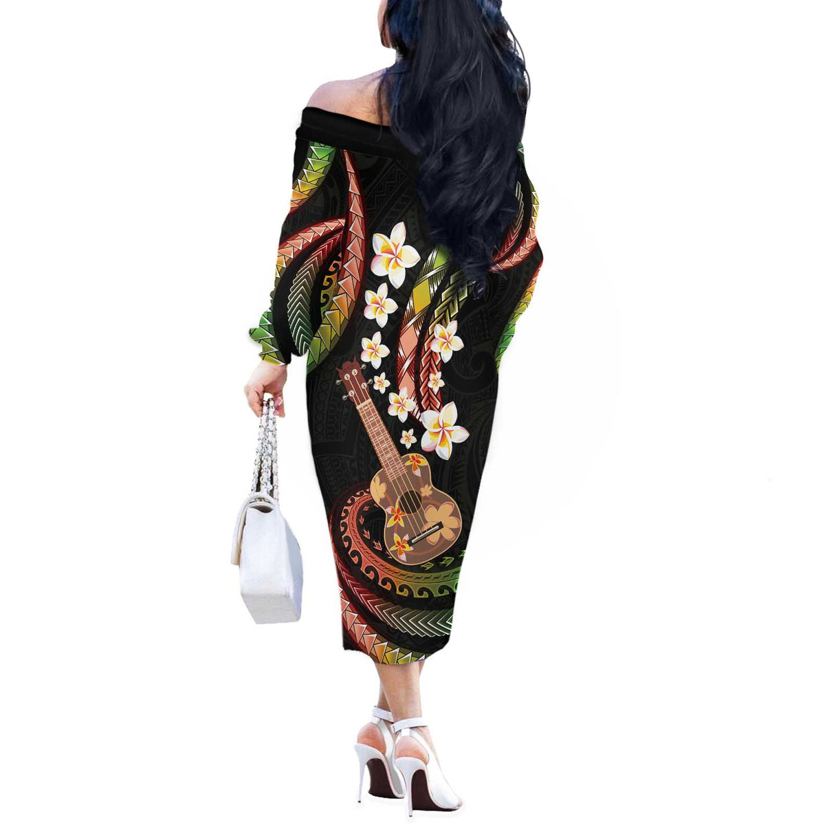 Hawaiian Ukulele Off The Shoulder Long Sleeve Dress Jawaiian Fantastic Plumeria LT01 - Polynesian Pride