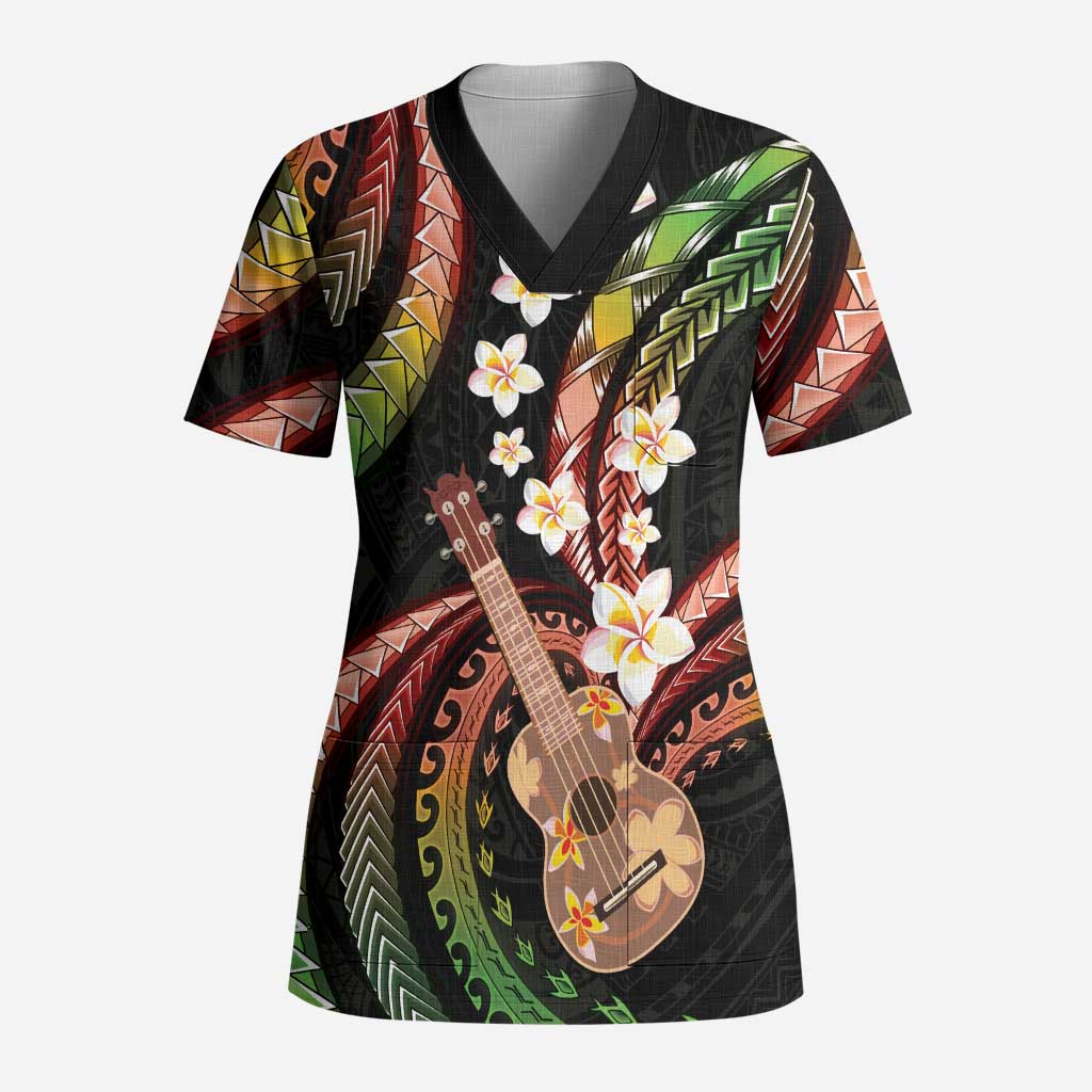 Hawaiian Ukulele Scrub Top Jawaiian Fantastic Plumeria - Polynesian Pride