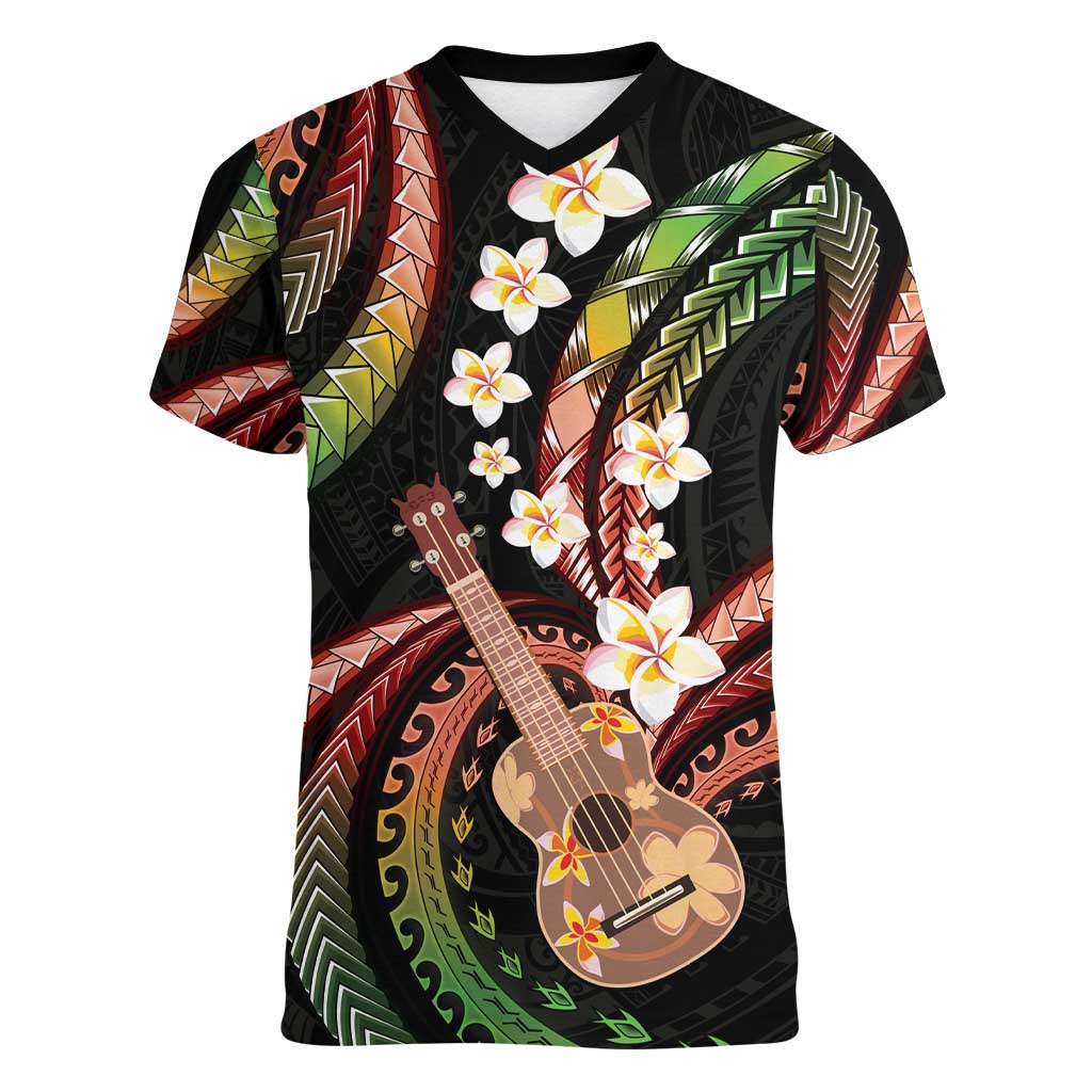 Hawaiian Ukulele Women V-Neck T-Shirt Jawaiian Fantastic Plumeria