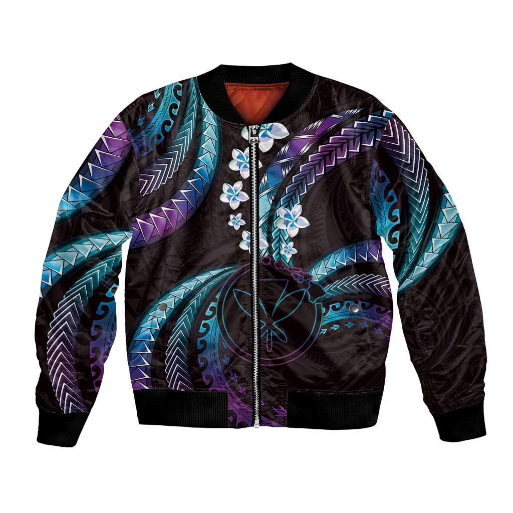 Hawaii Map Kanaka Maoli Bomber Jacket Fantastic Frangipani Amethyst Gradient LT01 Unisex Purple - Polynesian Pride