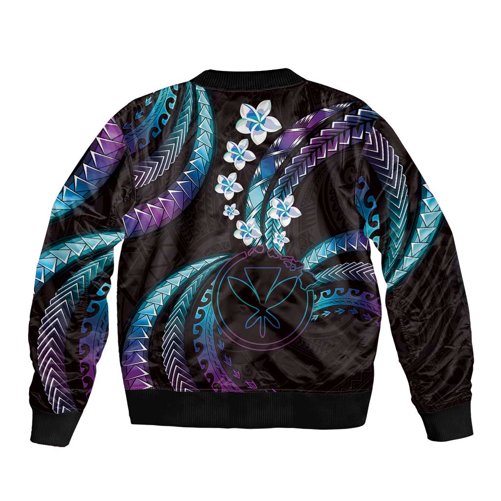 Hawaii Map Kanaka Maoli Bomber Jacket Fantastic Frangipani Amethyst Gradient LT01 - Polynesian Pride