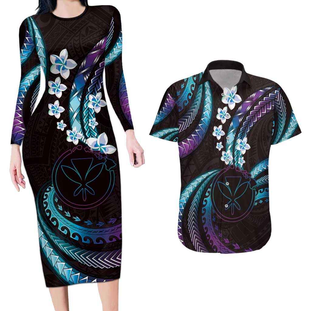 Hawaii Map Kanaka Maoli Couples Matching Long Sleeve Bodycon Dress and Hawaiian Shirt Fantastic Frangipani Amethyst Gradient LT01 Purple - Polynesian Pride