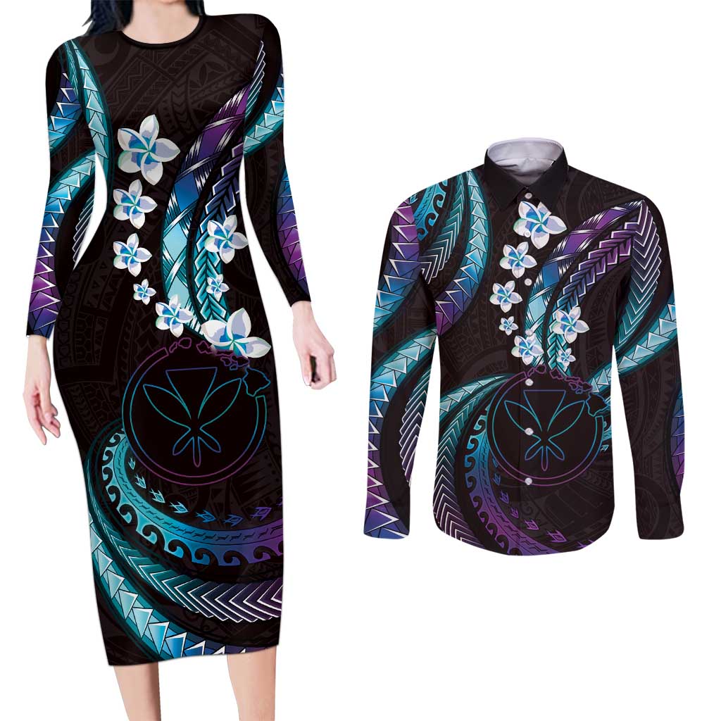 Hawaii Map Kanaka Maoli Couples Matching Long Sleeve Bodycon Dress and Long Sleeve Button Shirt Fantastic Frangipani Amethyst Gradient LT01 Purple - Polynesian Pride