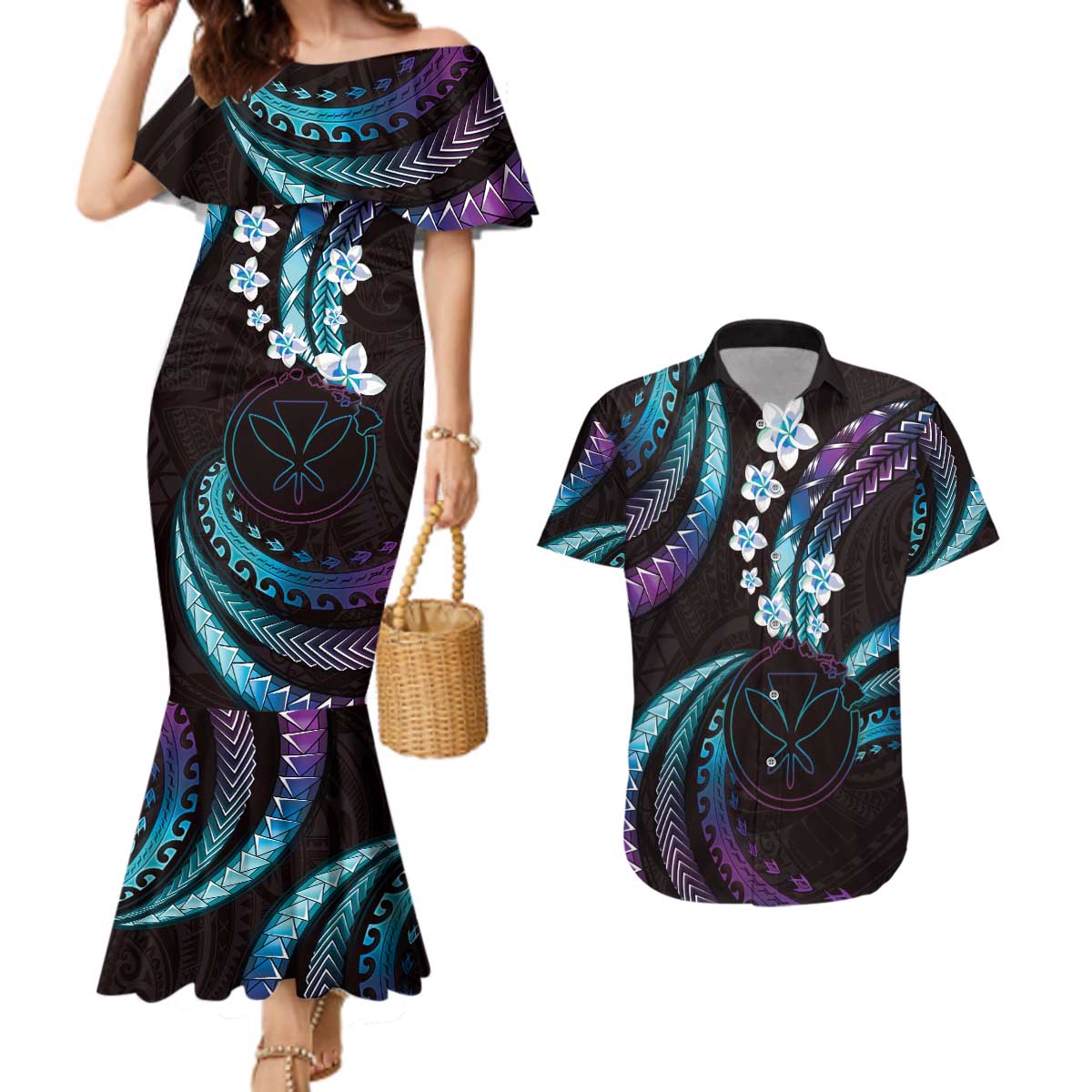 Hawaii Map Kanaka Maoli Couples Matching Mermaid Dress and Hawaiian Shirt Fantastic Frangipani Amethyst Gradient LT01 Purple - Polynesian Pride