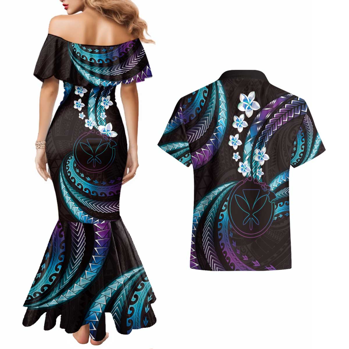 Hawaii Map Kanaka Maoli Couples Matching Mermaid Dress and Hawaiian Shirt Fantastic Frangipani Amethyst Gradient LT01 - Polynesian Pride