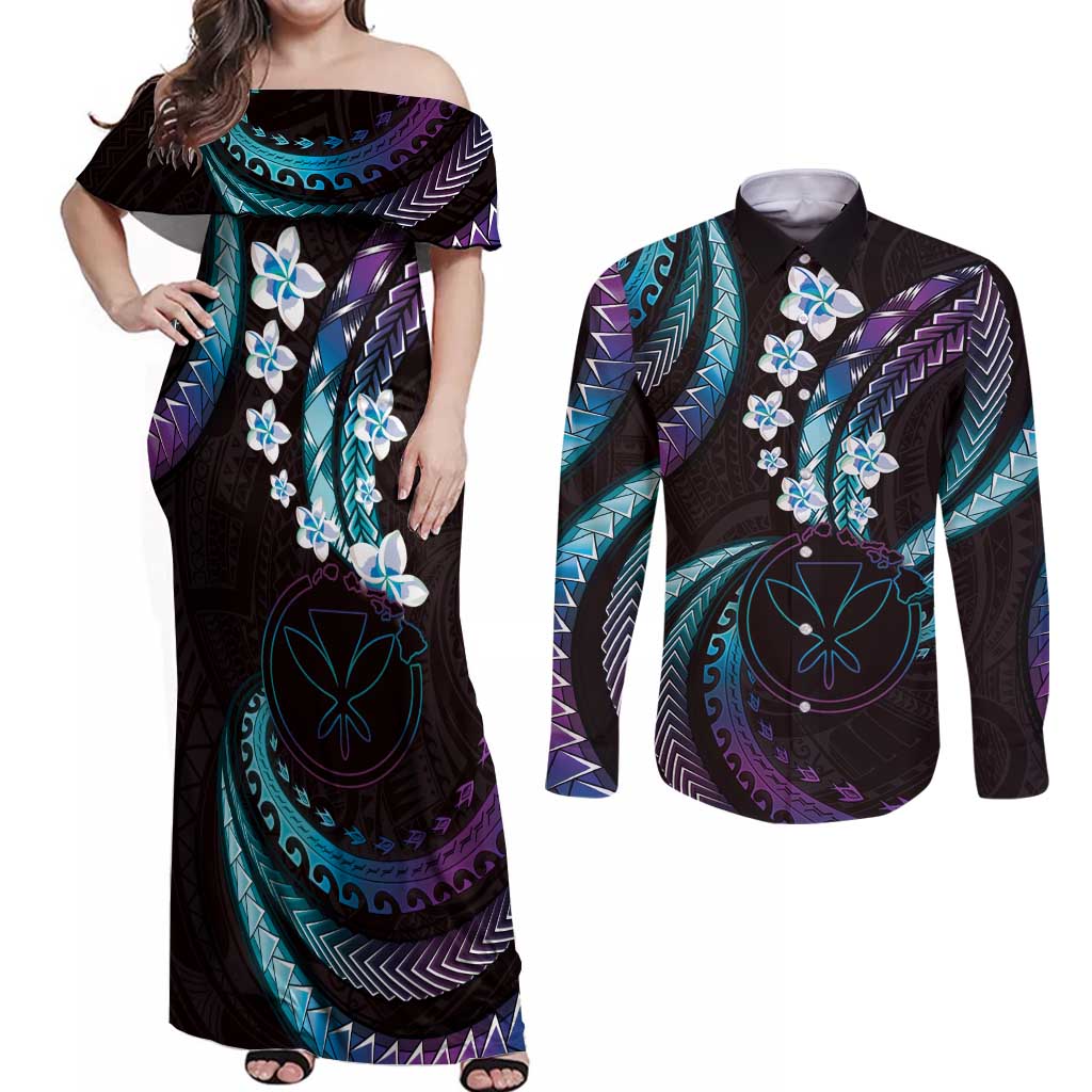 Hawaii Map Kanaka Maoli Couples Matching Off Shoulder Maxi Dress and Long Sleeve Button Shirt Fantastic Frangipani Amethyst Gradient LT01 Purple - Polynesian Pride