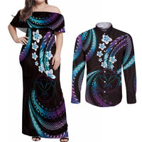 Hawaii Map Kanaka Maoli Couples Matching Off Shoulder Maxi Dress and Long Sleeve Button Shirt Fantastic Frangipani Amethyst Gradient LT01 Purple - Polynesian Pride