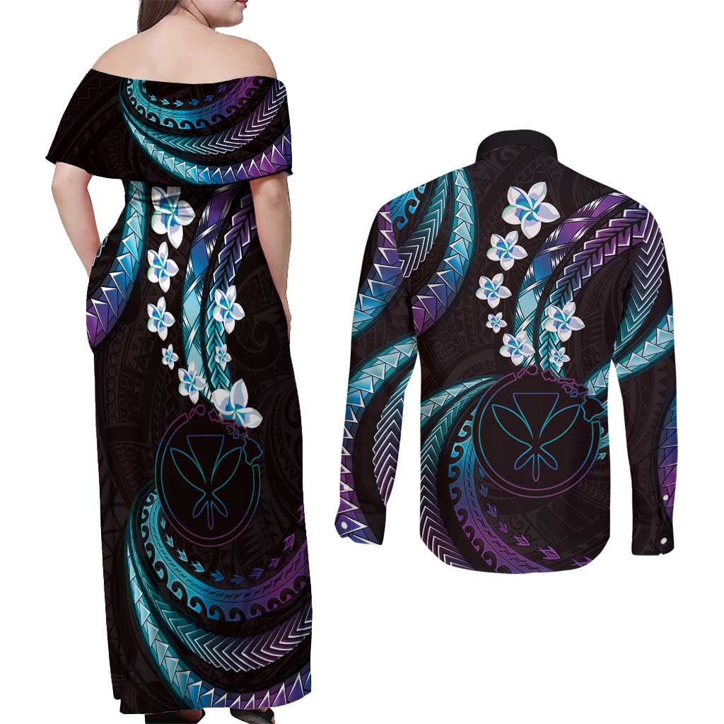 Hawaii Map Kanaka Maoli Couples Matching Off Shoulder Maxi Dress and Long Sleeve Button Shirt Fantastic Frangipani Amethyst Gradient LT01 - Polynesian Pride