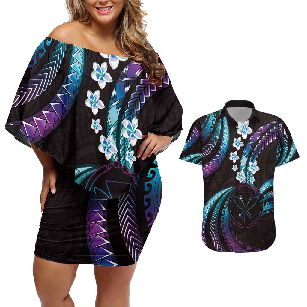 Hawaii Map Kanaka Maoli Couples Matching Off Shoulder Short Dress and Hawaiian Shirt Fantastic Frangipani Amethyst Gradient LT01 Purple - Polynesian Pride