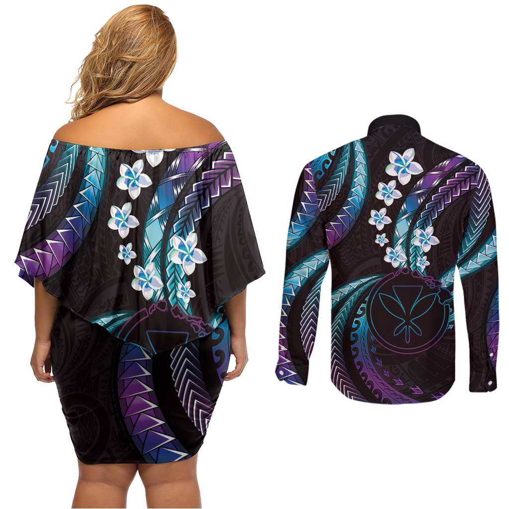 Hawaii Map Kanaka Maoli Couples Matching Off Shoulder Short Dress and Long Sleeve Button Shirt Fantastic Frangipani Amethyst Gradient LT01 - Polynesian Pride