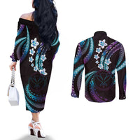 Hawaii Map Kanaka Maoli Couples Matching Off The Shoulder Long Sleeve Dress and Long Sleeve Button Shirt Fantastic Frangipani Amethyst Gradient LT01 - Polynesian Pride