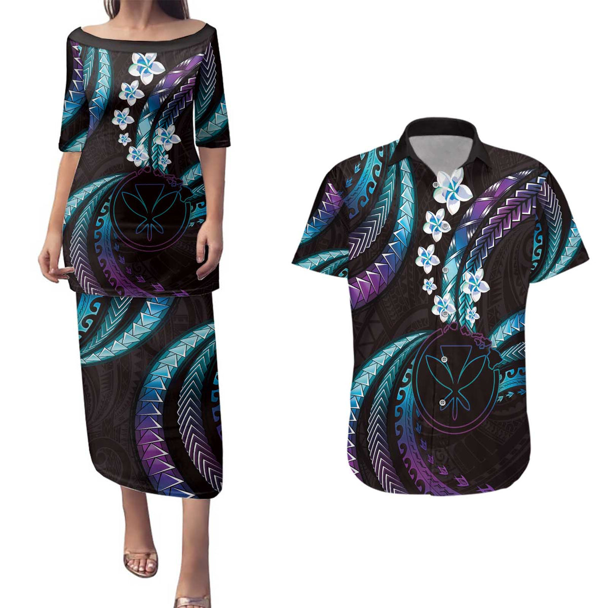 Hawaii Map Kanaka Maoli Couples Matching Puletasi and Hawaiian Shirt Fantastic Frangipani Amethyst Gradient LT01 Purple - Polynesian Pride