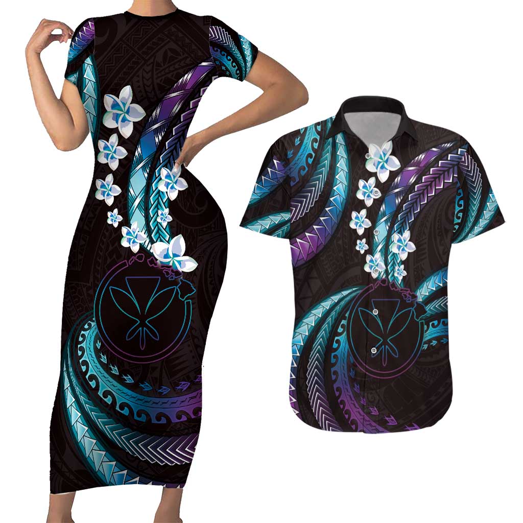 Hawaii Map Kanaka Maoli Couples Matching Short Sleeve Bodycon Dress and Hawaiian Shirt Fantastic Frangipani Amethyst Gradient LT01 Purple - Polynesian Pride