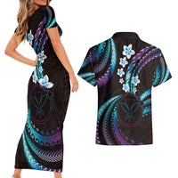 Hawaii Map Kanaka Maoli Couples Matching Short Sleeve Bodycon Dress and Hawaiian Shirt Fantastic Frangipani Amethyst Gradient LT01 - Polynesian Pride