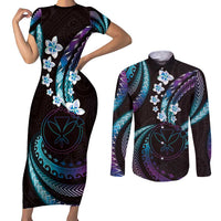 Hawaii Map Kanaka Maoli Couples Matching Short Sleeve Bodycon Dress and Long Sleeve Button Shirt Fantastic Frangipani Amethyst Gradient LT01 Purple - Polynesian Pride