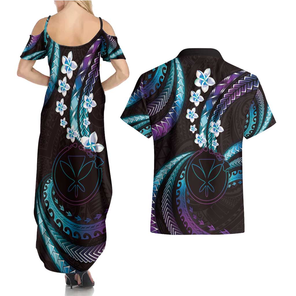 Hawaii Map Kanaka Maoli Couples Matching Summer Maxi Dress and Hawaiian Shirt Fantastic Frangipani Amethyst Gradient LT01 - Polynesian Pride