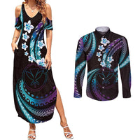 Hawaii Map Kanaka Maoli Couples Matching Summer Maxi Dress and Long Sleeve Button Shirt Fantastic Frangipani Amethyst Gradient LT01 Purple - Polynesian Pride