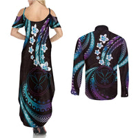 Hawaii Map Kanaka Maoli Couples Matching Summer Maxi Dress and Long Sleeve Button Shirt Fantastic Frangipani Amethyst Gradient LT01 - Polynesian Pride