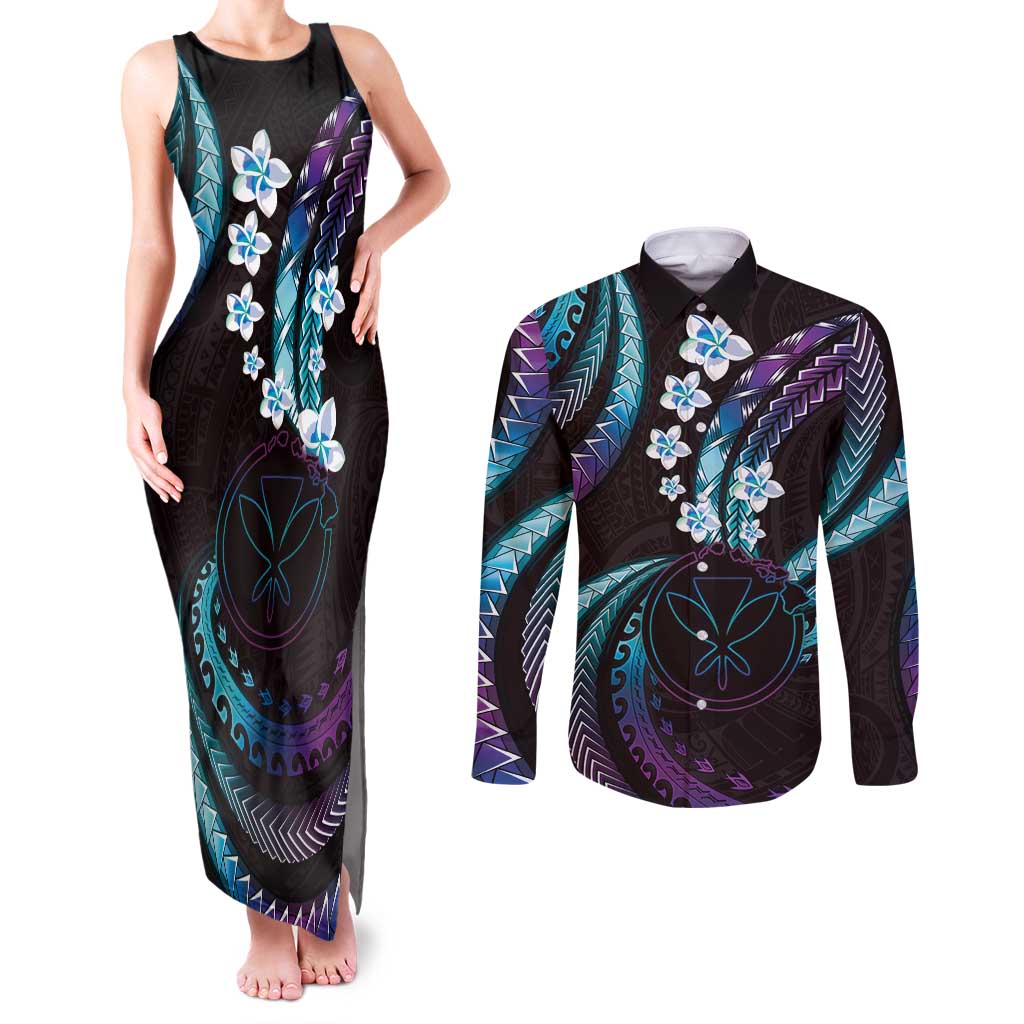Hawaii Map Kanaka Maoli Couples Matching Tank Maxi Dress and Long Sleeve Button Shirt Fantastic Frangipani Amethyst Gradient LT01 Purple - Polynesian Pride