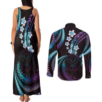 Hawaii Map Kanaka Maoli Couples Matching Tank Maxi Dress and Long Sleeve Button Shirt Fantastic Frangipani Amethyst Gradient LT01 - Polynesian Pride