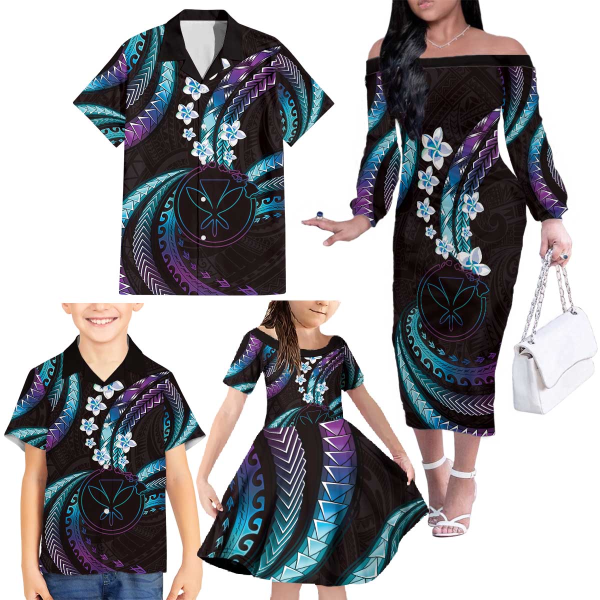 Hawaii Map Kanaka Maoli Family Matching Off The Shoulder Long Sleeve Dress and Hawaiian Shirt Fantastic Frangipani Amethyst Gradient