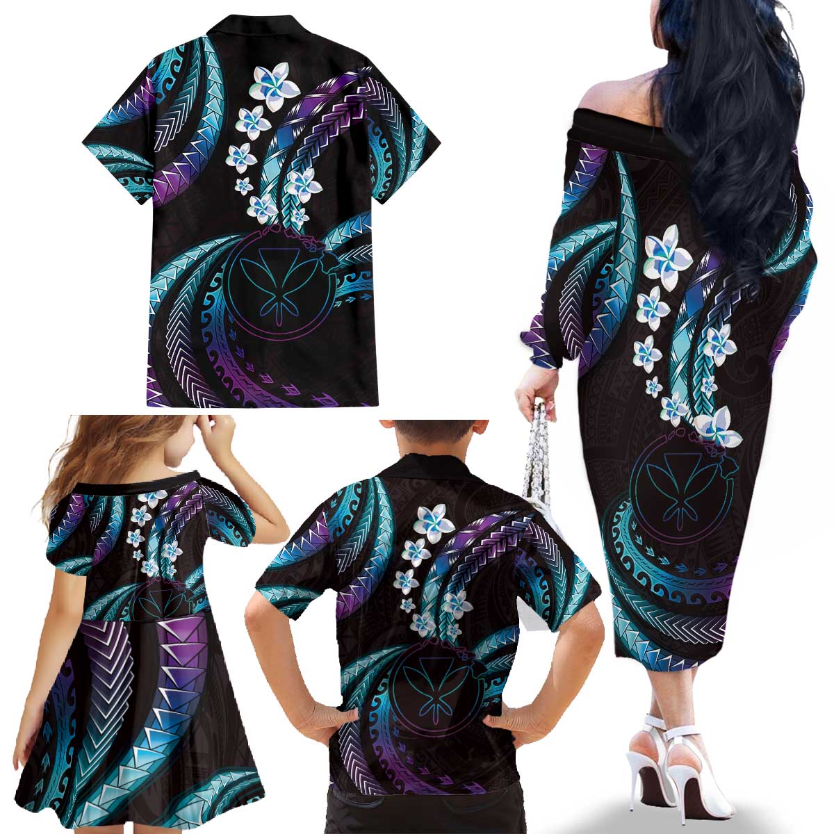 Hawaii Map Kanaka Maoli Family Matching Off The Shoulder Long Sleeve Dress and Hawaiian Shirt Fantastic Frangipani Amethyst Gradient