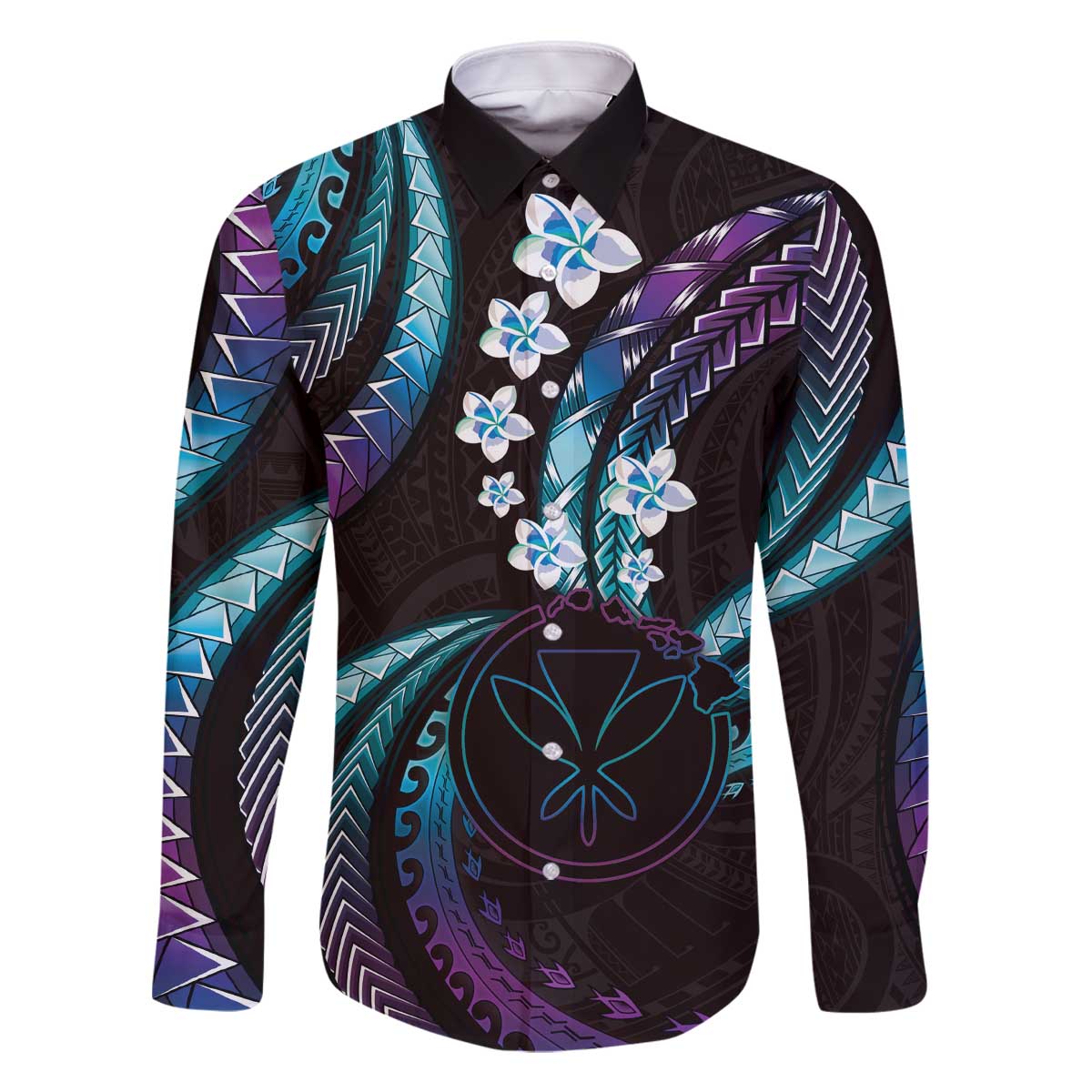 Hawaii Map Kanaka Maoli Family Matching Off The Shoulder Long Sleeve Dress and Hawaiian Shirt Fantastic Frangipani Amethyst Gradient