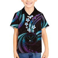 Hawaii Map Kanaka Maoli Family Matching Off Shoulder Short Dress and Hawaiian Shirt Fantastic Frangipani Amethyst Gradient