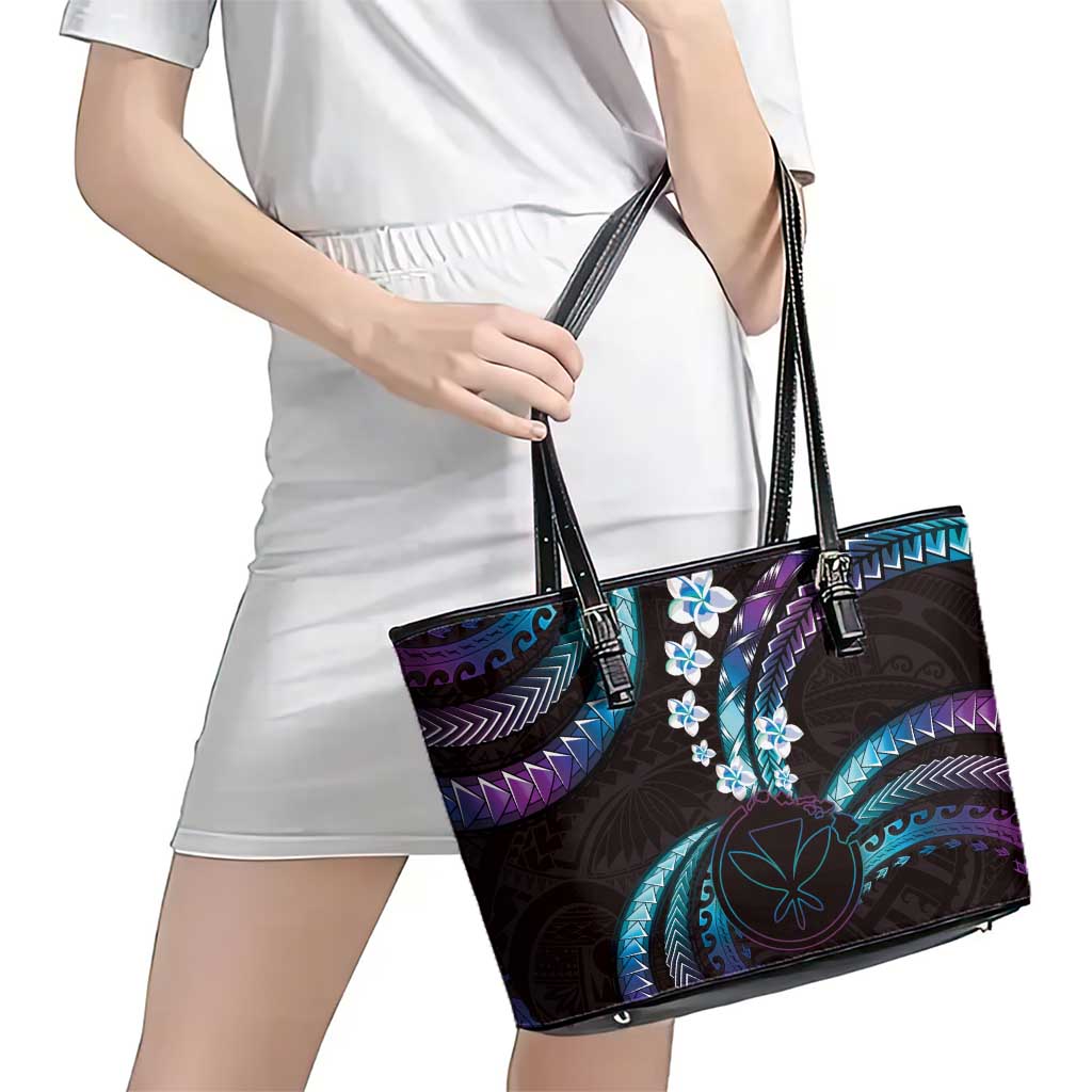 Hawaii Map Kanaka Maoli Leather Tote Bag Fantastic Frangipani Amethyst Gradient LT01 - Polynesian Pride