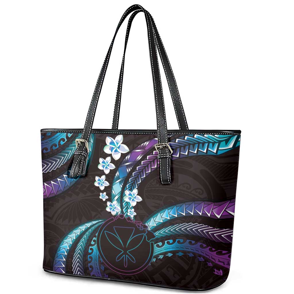 Hawaii Map Kanaka Maoli Leather Tote Bag Fantastic Frangipani Amethyst Gradient LT01 - Polynesian Pride