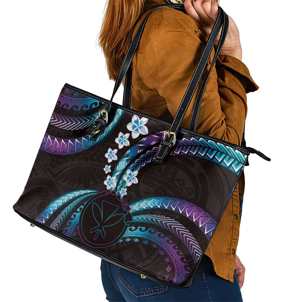 Hawaii Map Kanaka Maoli Leather Tote Bag Fantastic Frangipani Amethyst Gradient LT01 - Polynesian Pride