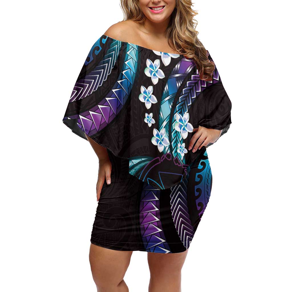 Hawaii Map Kanaka Maoli Off Shoulder Short Dress Fantastic Frangipani Amethyst Gradient