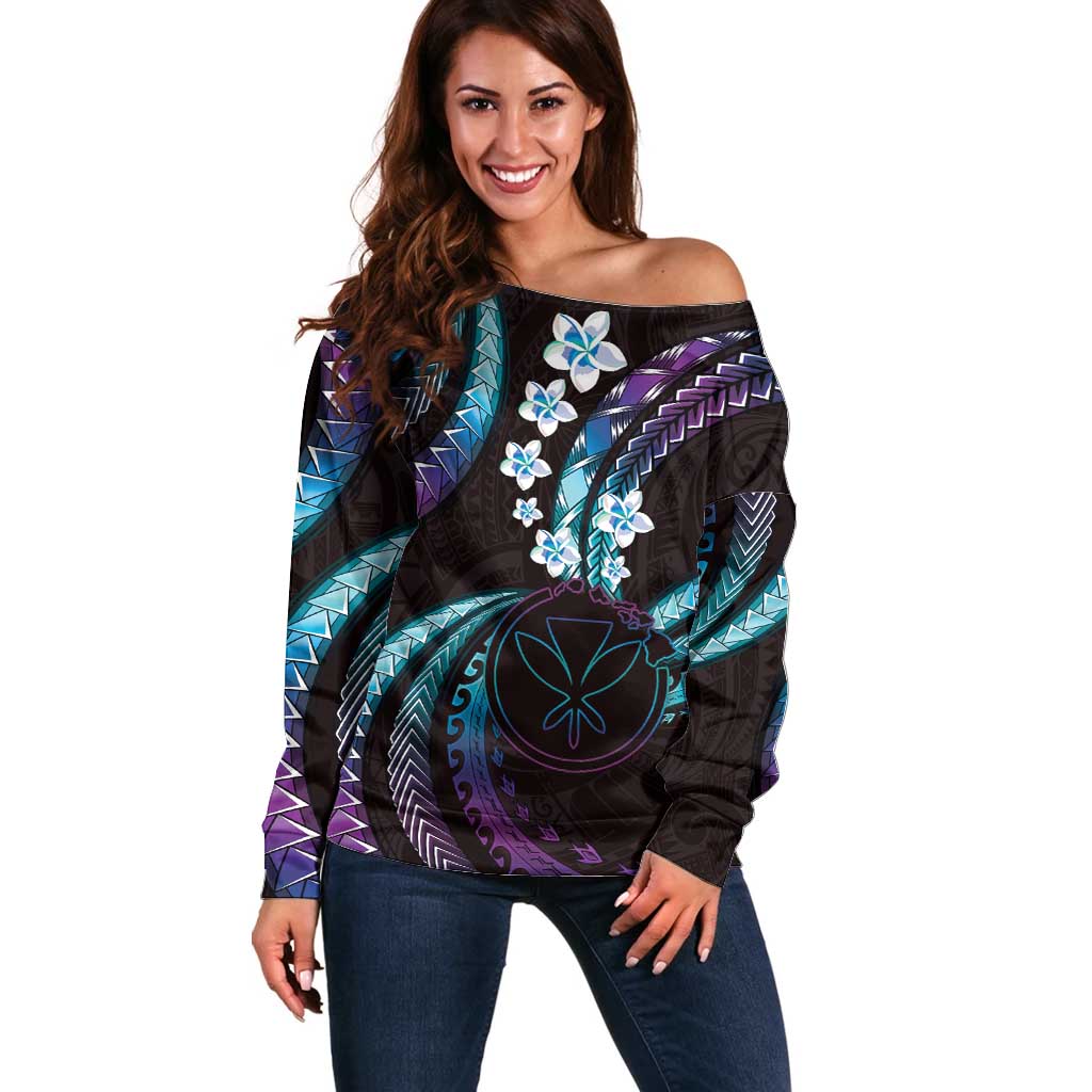 Hawaii Map Kanaka Maoli Off Shoulder Sweater Fantastic Frangipani Amethyst Gradient