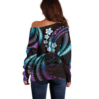 Hawaii Map Kanaka Maoli Off Shoulder Sweater Fantastic Frangipani Amethyst Gradient