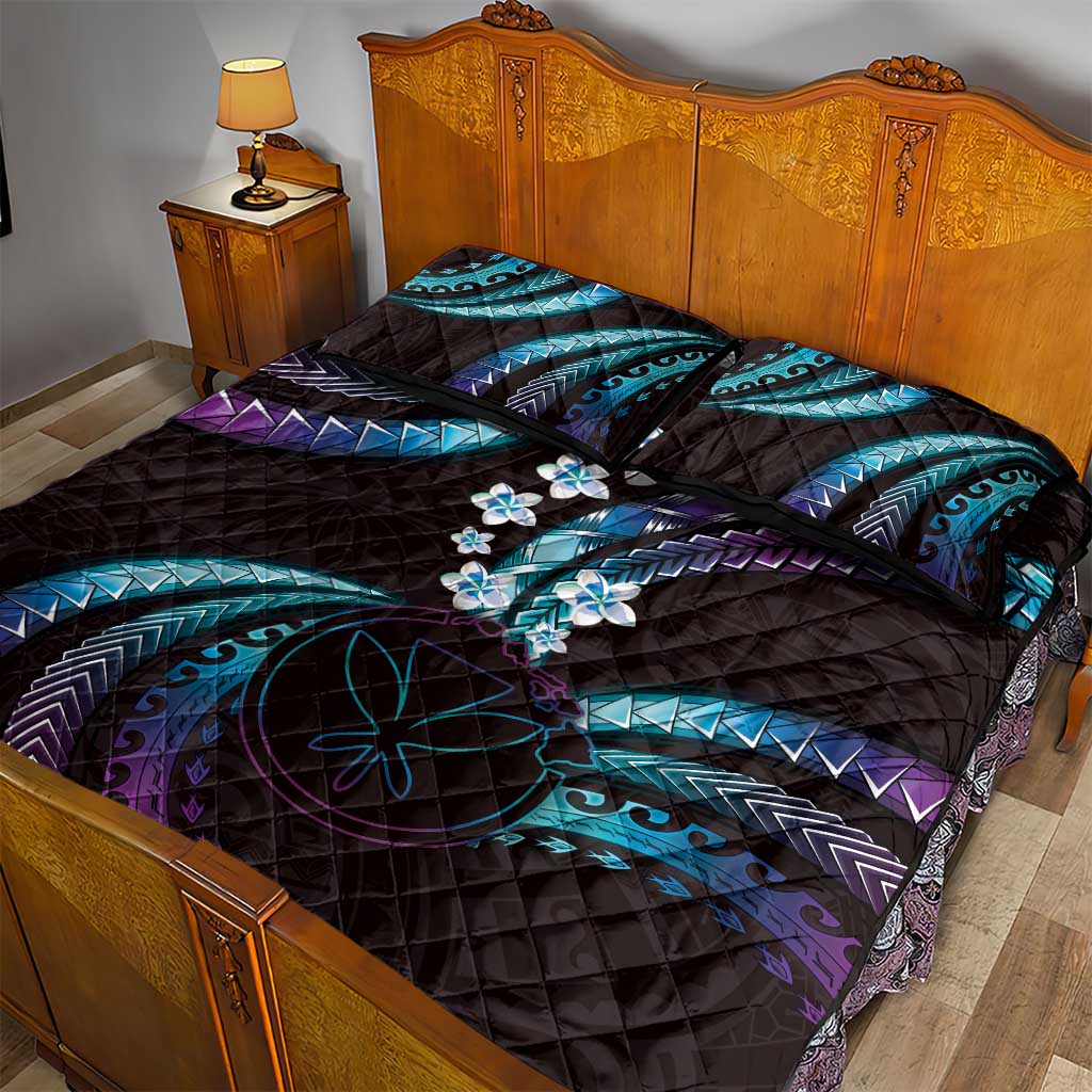 Hawaii Map Kanaka Maoli Quilt Bed Set Fantastic Frangipani Amethyst Gradient